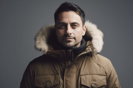 Portrait of a handsome man in a warm jacket on a gray backgroundの素材