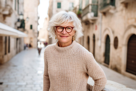 Portrait of smiling senior woman with eyeglasses in the cityの素材
