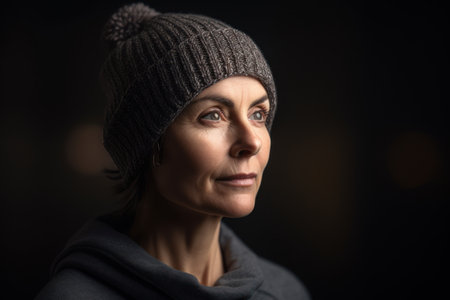Portrait of a middle-aged woman in a knitted hat and coatの素材