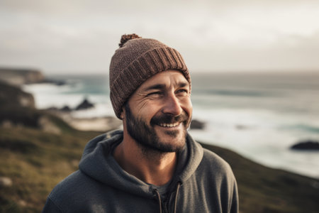 Portrait of a smiling man standing in front of the ocean on a cloudy dayの素材