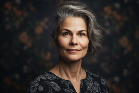 Portrait of a beautiful middle-aged woman on a dark backgroundの素材