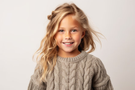 Portrait of a cute little girl with long blonde hair in a gray sweater.の素材