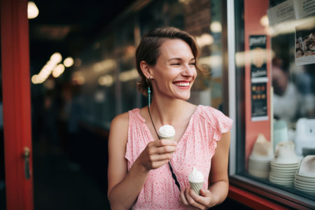 Happy young woman eating ice cream in the street cafe and smiling.の素材