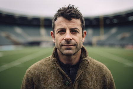 Portrait of a handsome man in a warm sweater on the background of a football stadiumの素材
