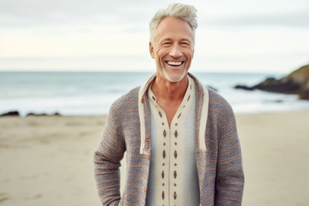 Portrait of happy senior man standing on beach and smiling at cameraの素材