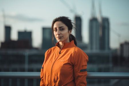 Young beautiful brunette woman in an orange jacket posing in an urban contextの素材