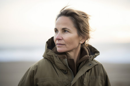 Portrait of mature woman in winter jacket looking away at seasideの素材