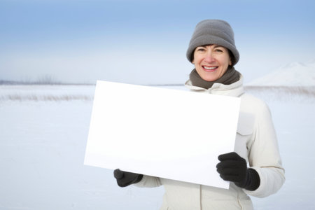 Mature woman holding a white sheet of paper in winter snowy fieldの素材