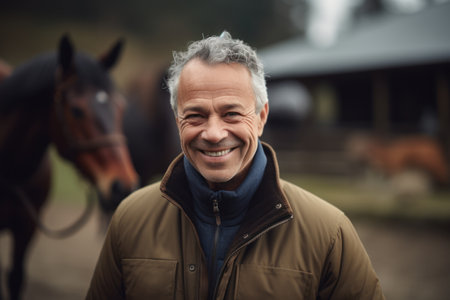 Portrait of a smiling senior man with his horses in the backgroundの素材