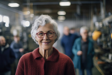 Portrait of senior woman smiling at camera while standing in modern factoryの素材