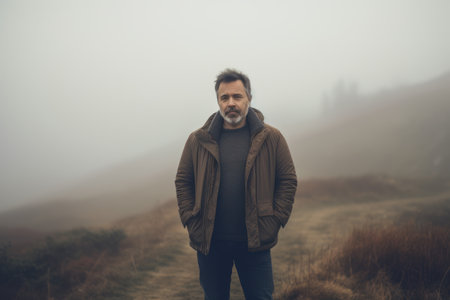 Portrait of a handsome middle-aged man with a beard and mustache in a brown jacket on the top of a mountain in the fogの素材