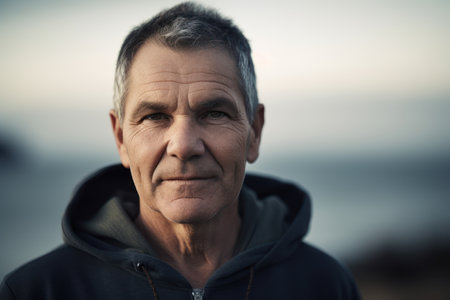 Portrait of a senior man on the beach, looking at cameraの素材