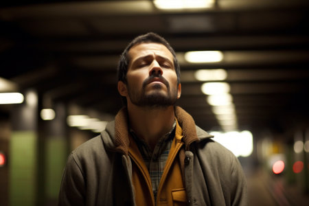 Portrait of a young man in the subway station at night.の素材
