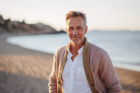 Portrait of smiling senior man standing on beach at sunset in summerの素材