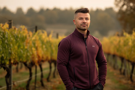 Young handsome man in sportswear posing in vineyard in autumnの素材