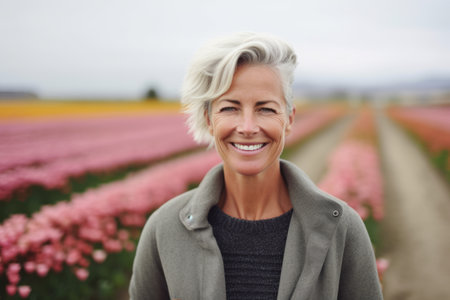 Portrait of a smiling senior woman standing in a field of pink flowersの素材