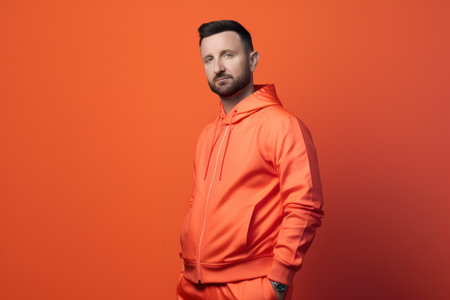 Portrait of a handsome young man in sportswear on orange backgroundの素材