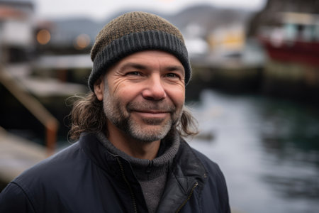 Portrait of a handsome middle-aged man with a gray beard in a knitted hat on the background of the sea and boatsの素材