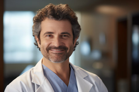 Portrait of smiling male doctor looking at camera in corridor of hospitalの素材