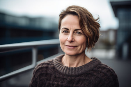 Portrait of beautiful middle aged woman with short hair, looking at camera.の素材