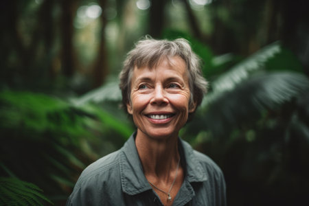 Portrait of smiling senior woman standing in rainforest at the parkの素材