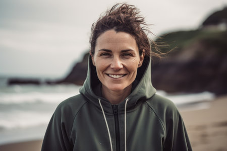 Portrait of a smiling woman in sportswear at the beachの素材