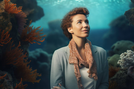 Portrait of a beautiful woman in an aquarium with corals.の素材