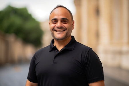 Portrait of a handsome middle-aged Hispanic man in a black polo shirtの素材