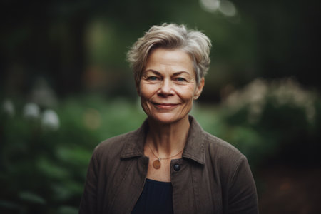 Portrait of a happy senior woman with short hair in the parkの素材