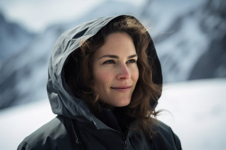 Portrait of a beautiful woman in the snow in the mountains.の素材