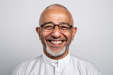 Portrait of a smiling senior man with eyeglasses against white backgroundの素材