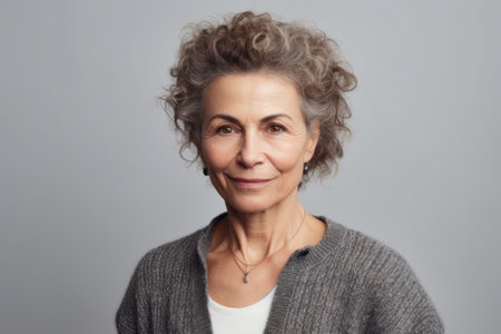 Portrait of a beautiful middle-aged woman in a gray sweater.の素材