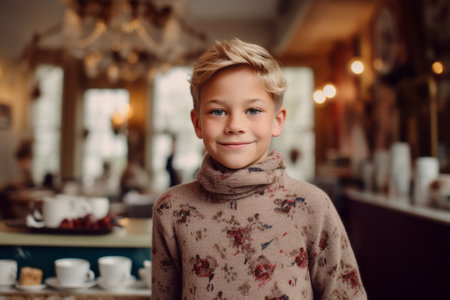 Portrait of a cute little boy with blond hair in a cafeの素材