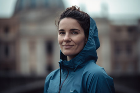 Portrait of a young woman in a blue raincoat in the cityの素材