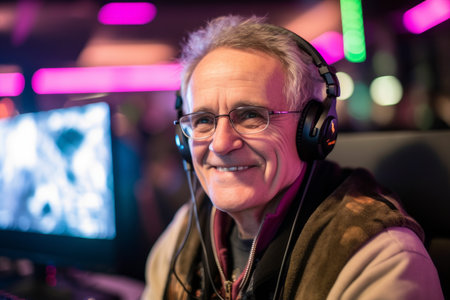 Portrait of happy senior man playing online video games in night clubの素材
