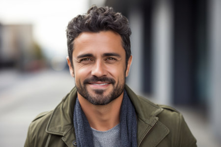 Portrait of a handsome young man with beard smiling at the cameraの素材