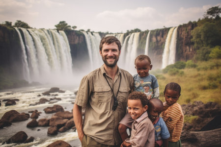 Father with his kids at the Iguazu Falls in Argentinaの素材