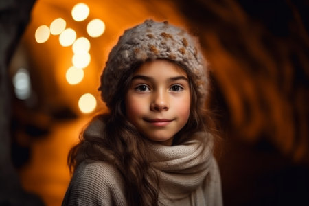 Portrait of a beautiful little girl in a knitted hat and scarfの素材