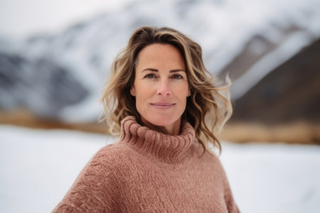 Portrait of a beautiful woman with long wavy blonde hair in a pink sweater on the background of mountains.の素材