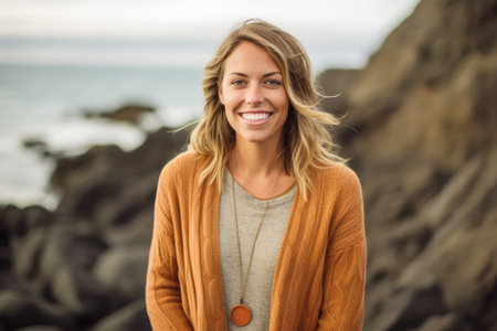 Portrait of a beautiful blonde woman smiling at the camera on the beachの素材
