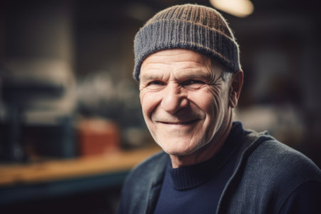 Portrait of a smiling senior man in a knitted hat.の素材