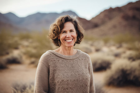 Portrait of happy senior woman smiling at camera while standing in desertの素材