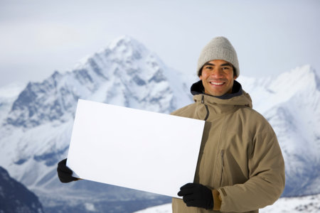 Young man holding a blank placard in front of a snowy mountainの素材