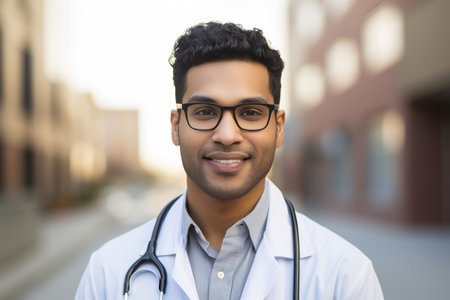 Portrait of young indian male doctor with stethoscope in cityの素材
