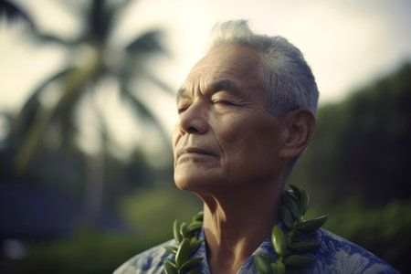 Portrait of a senior asian man relaxing on the beach.の素材