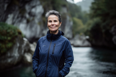 Portrait of a smiling woman standing in front of a mountain riverの素材