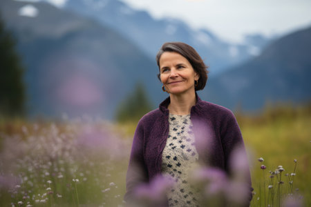 Portrait of a smiling woman in the field with purple flowers.の素材