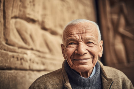 Portrait of an elderly Asian man in front of a temple in Egyptの素材