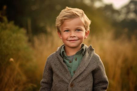 Portrait of a cute little boy in the field. Selective focus.の素材