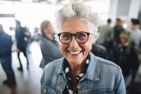 Portrait of smiling senior woman in eyeglasses standing in corridorの素材